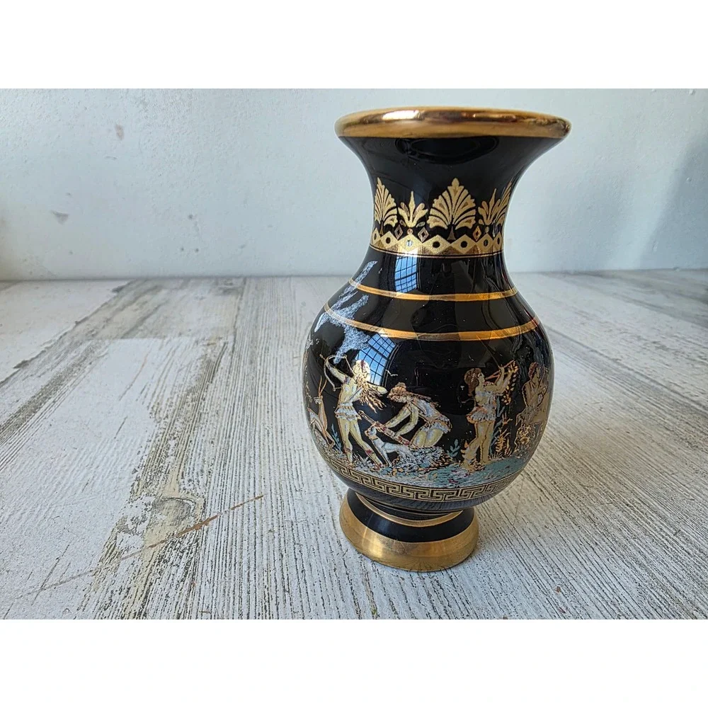Vintage Olympia Greece mini black vase 24K decor gold‎